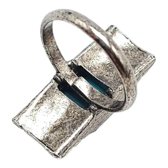 Southwest Blue Three Rectangular Faux Turquoise Ring Silver Tone Size 7 Vintage - Picture 3 of 4
